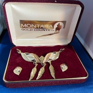 Vintage Silver and Gold Color Montana Silversmith Necklace Feathers & Earrings